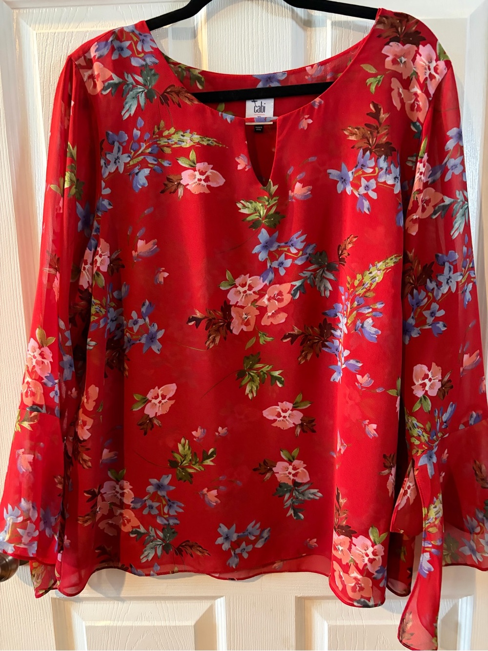 CAbi Red Floral Keyhole Bell Sleeve Blouse - Picture 4 of 5